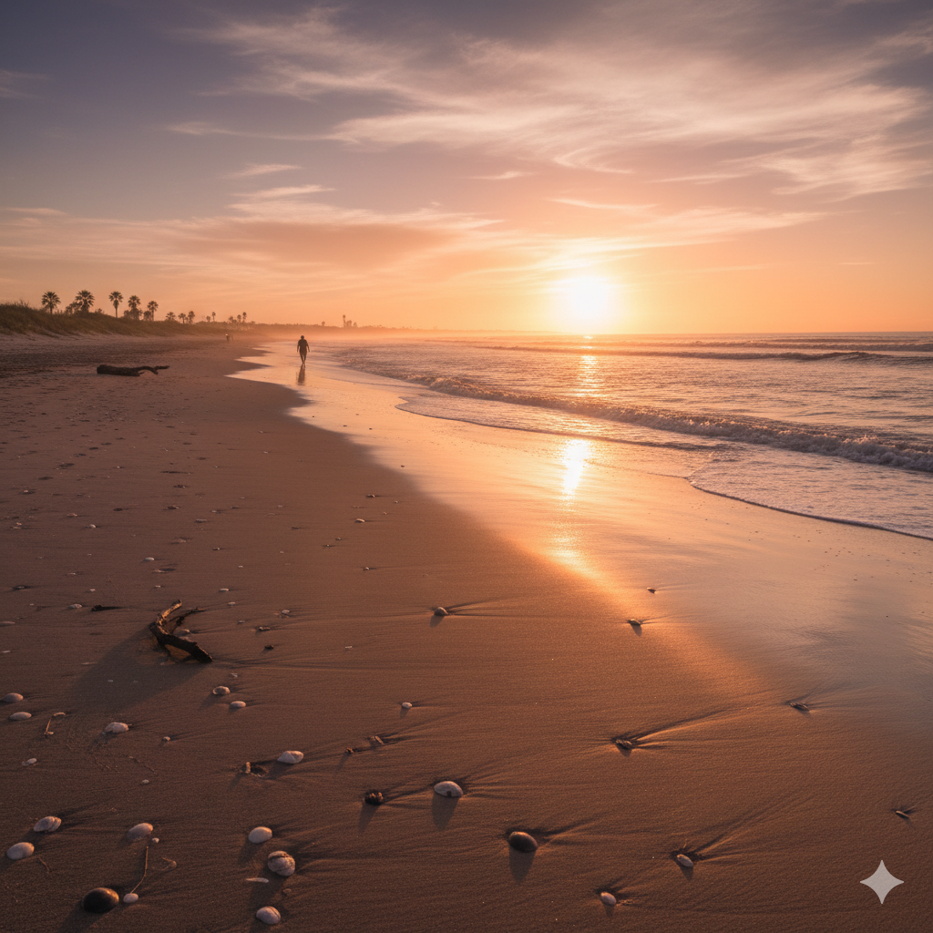 Secluded Sunset Beach in Dubai with calm waters and golden sunlight
