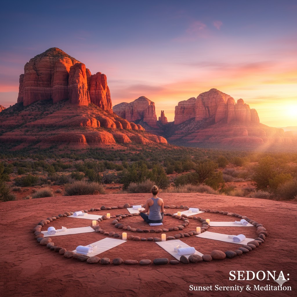 Sedona red rock mountains glowing at sunset with a meditation circle space in the foreground Sedona red rock mountains glowing at sunset with a meditation circle space in the foreground