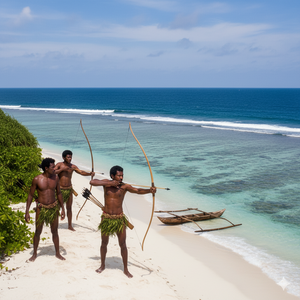 Sentinelese tribe members holding bows on the beach