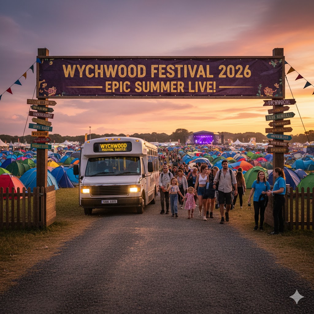 Shuttle bus dropping passengers at the Wychwood Festival main entrance