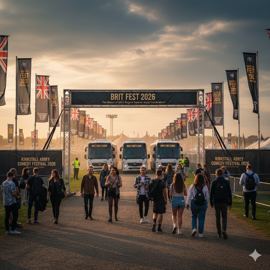 Shuttle buses arriving at the entrance of Brit Fest 2026 surrounded by festival flags.