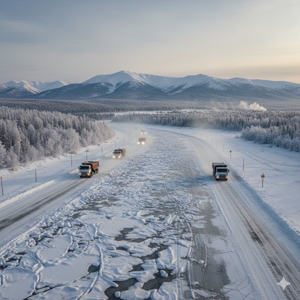 Siberian frozen river ice road Russia