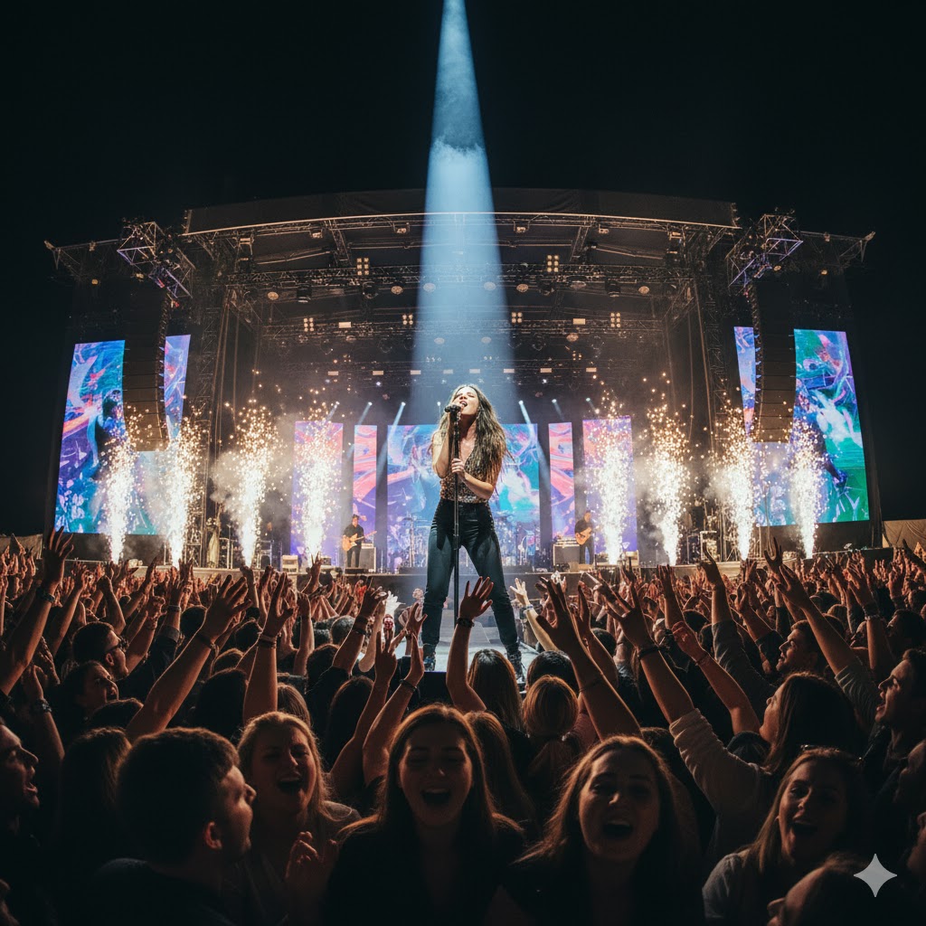 Singer performing on stage with spotlight and cheering crowd. 