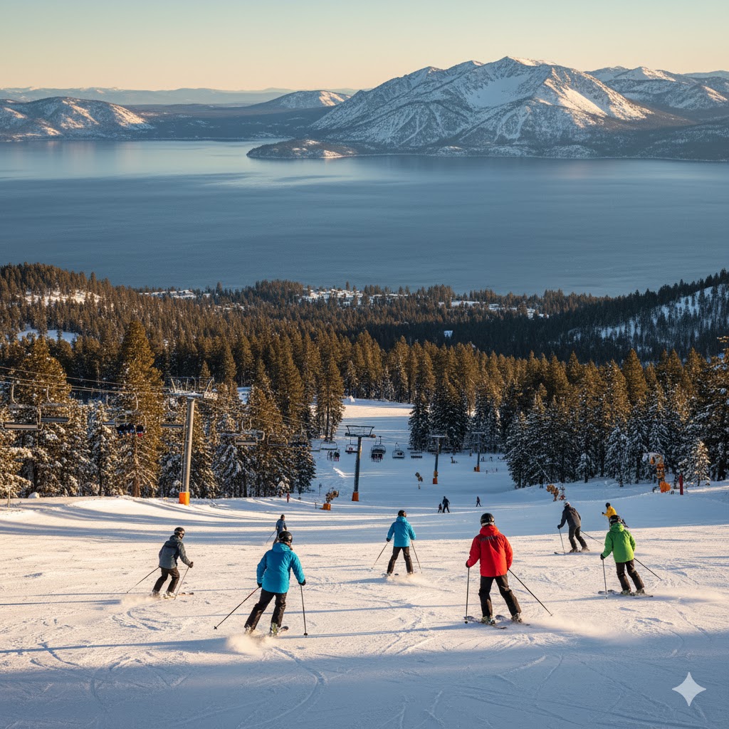 Skiers enjoying Lake Tahoe slopes with a backdrop of the blue lake and snowy mountains