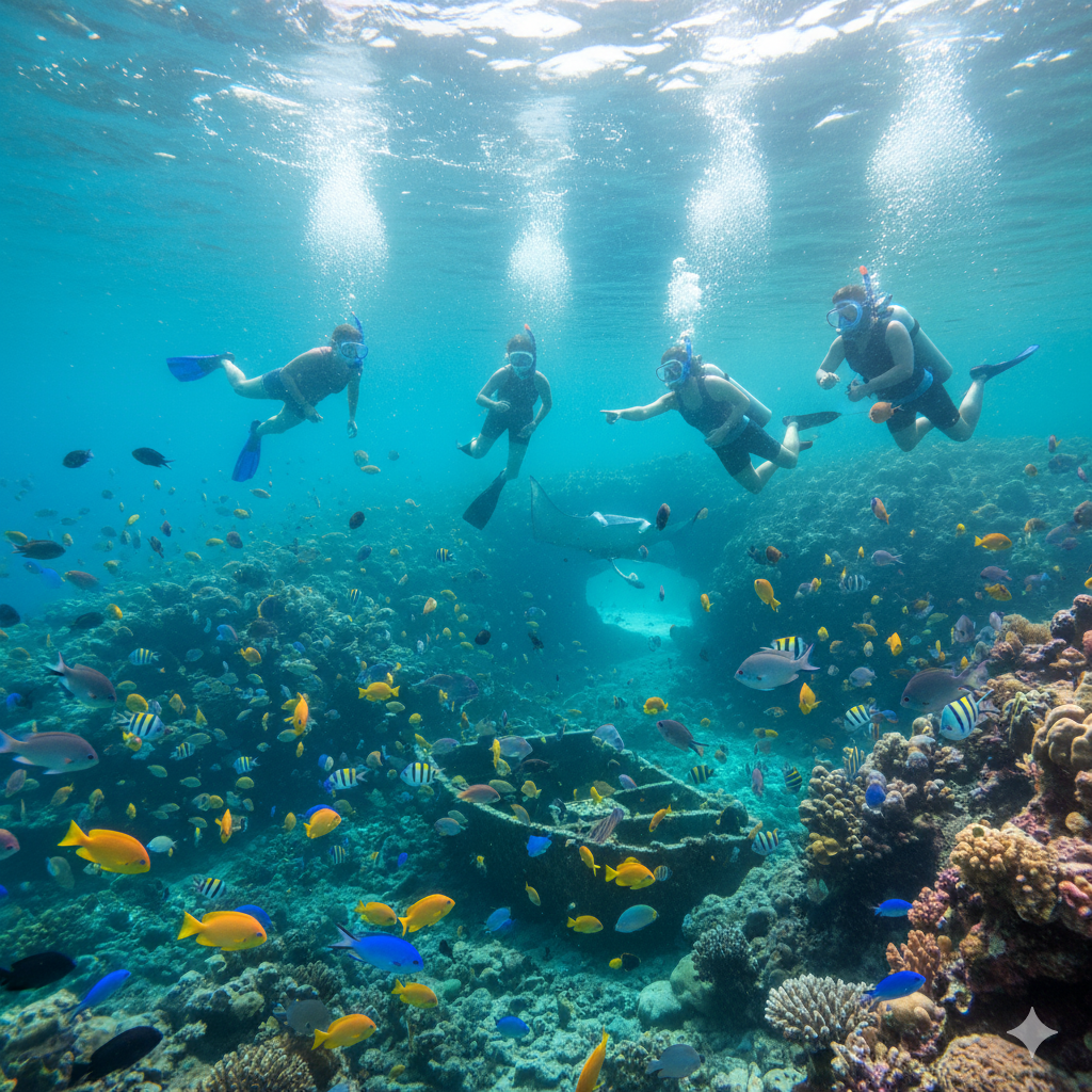 Snorkelers exploring colorful tropical fish in Marieta Islands 