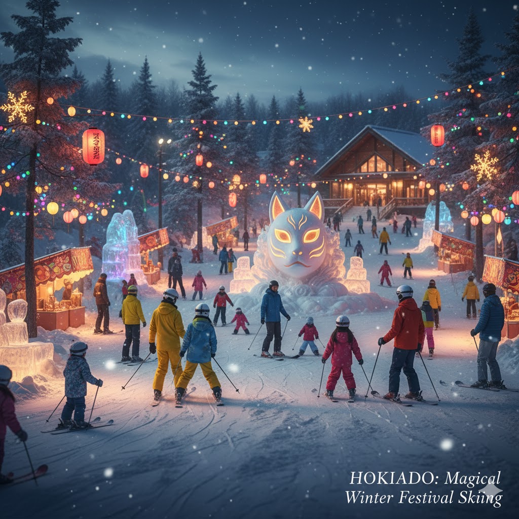 Snowy family slope at a Hokkaido resort with winter festival decorations. Snowy family slope at a Hokkaido resort with winter festival decorations.