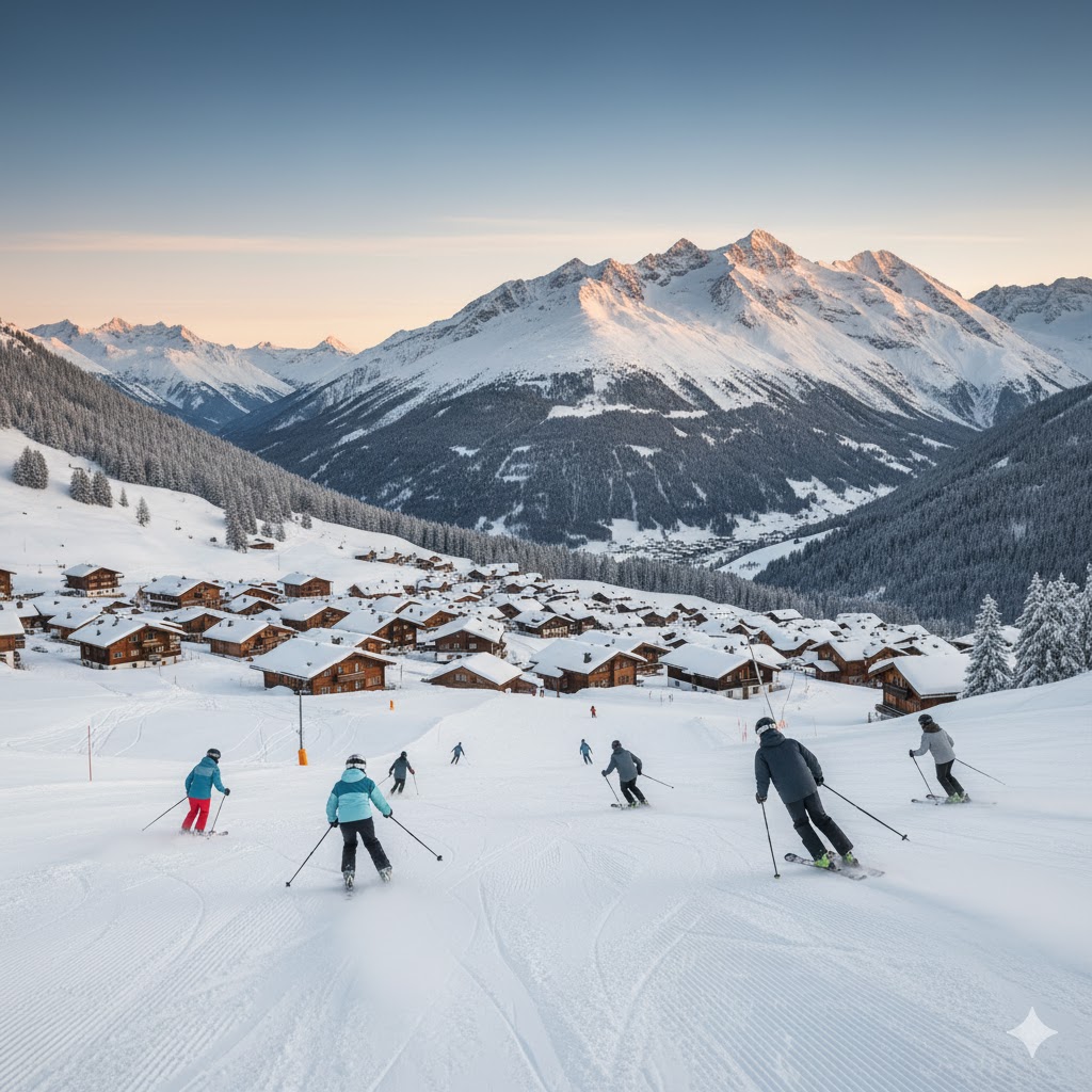 Snowy slopes of Andermatt with skiers descending and traditional Swiss chalets in the background