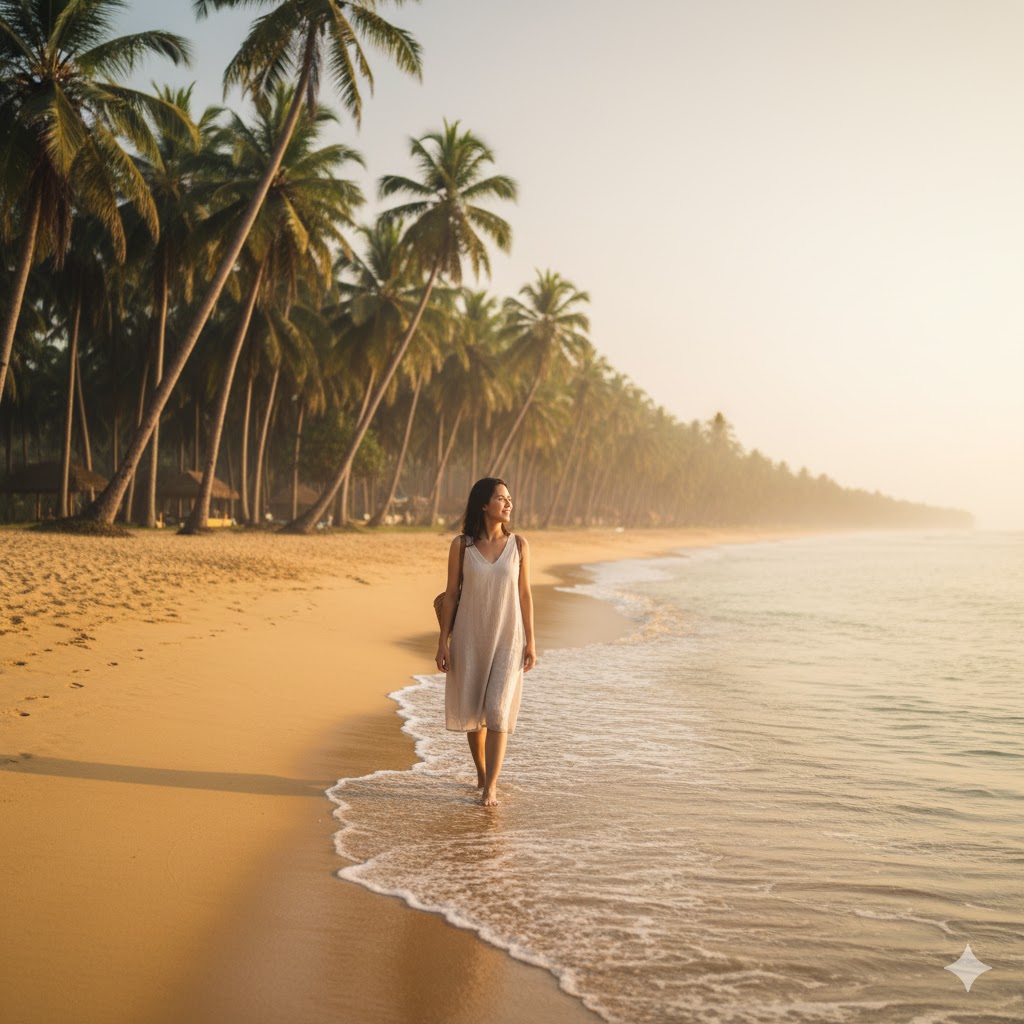 Sri Lankan coastline with golden sands and palm trees, showing women-friendly and affordable travel vibes