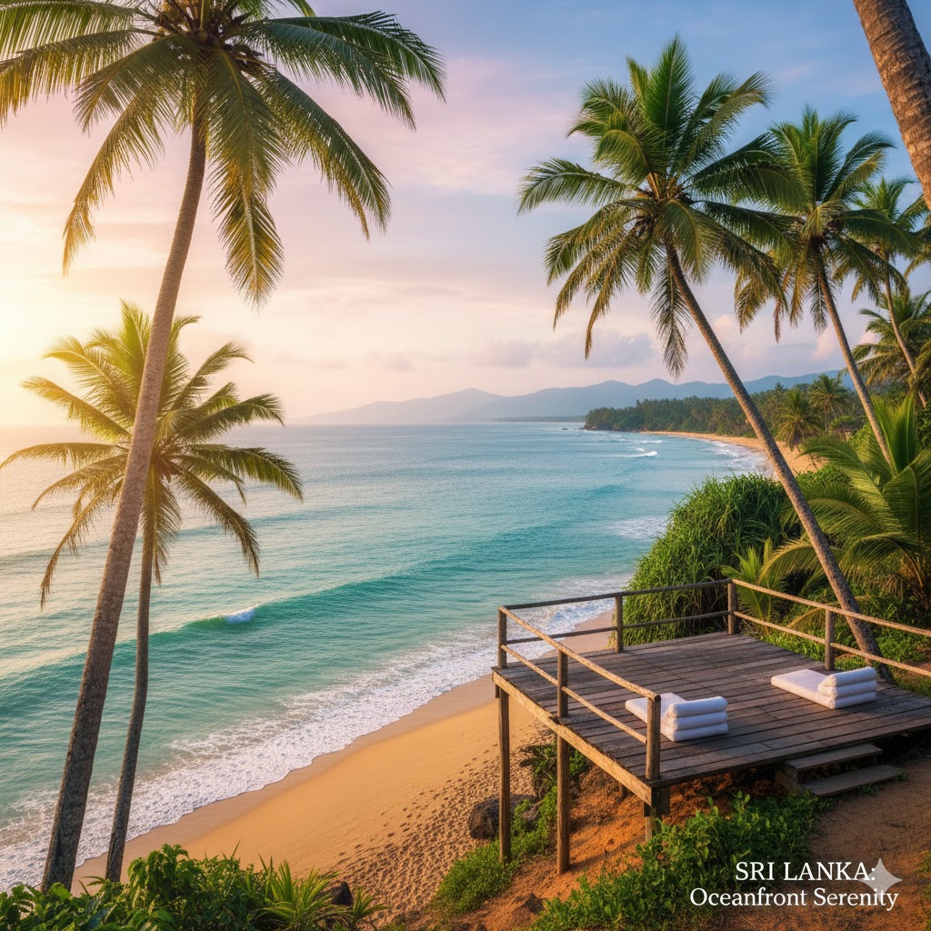 Sri Lankan ocean wellness retreat with palm trees, blue sea, and a peaceful meditation deck Sri Lankan ocean wellness retreat with palm trees, blue sea, and a peaceful meditation deck