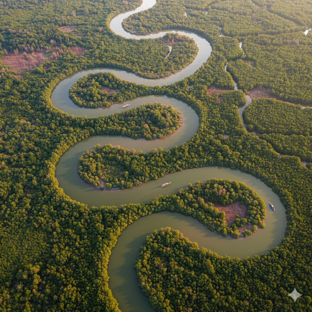 Bird’s-eye view of Sundarbans mangrove forest in Bangladesh with winding waterways