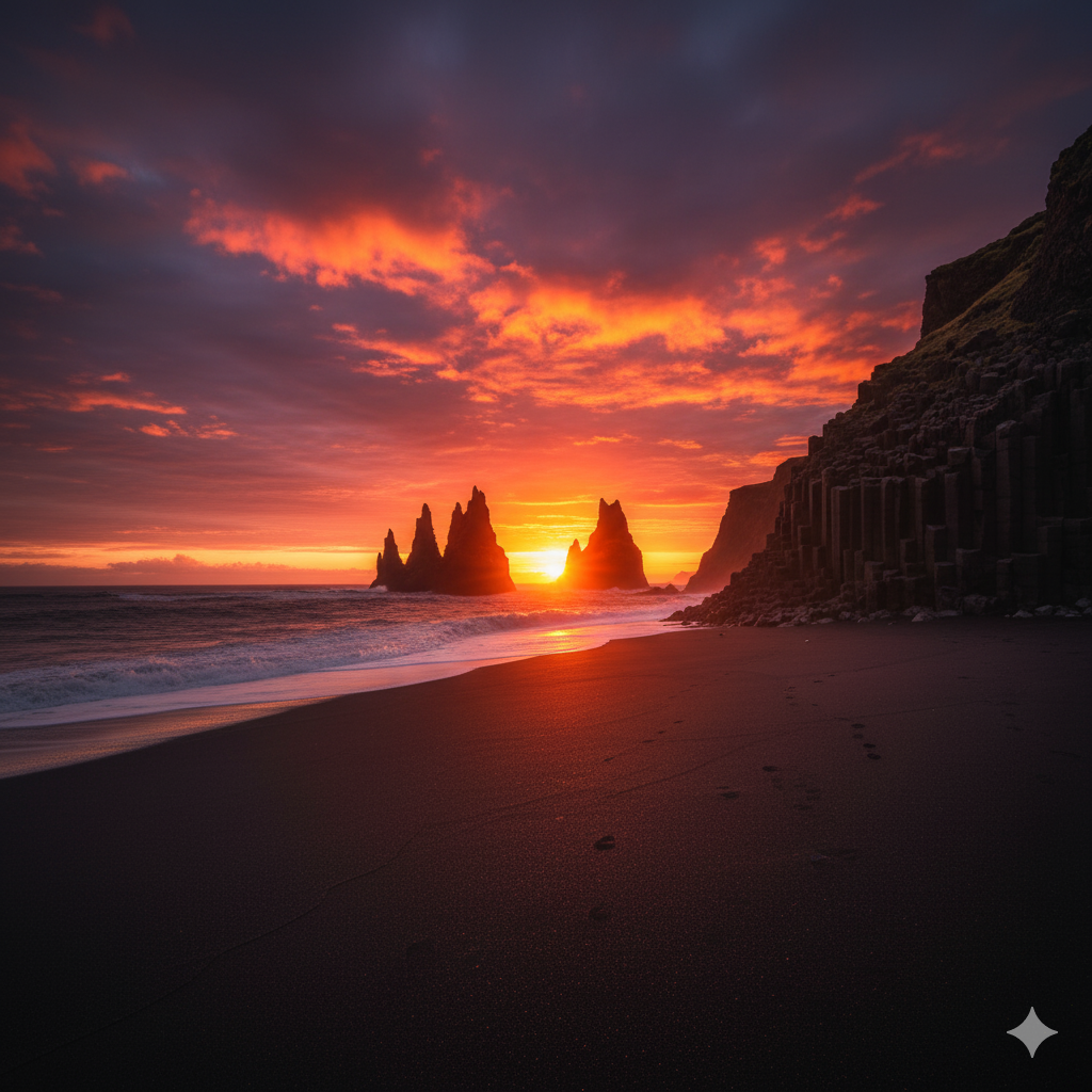 Sunset over Vík coast