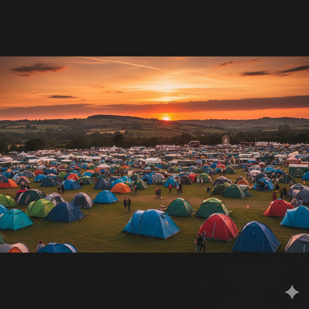 Sunset view of Wychwood Festival tents with the Cheltenham hills in the background