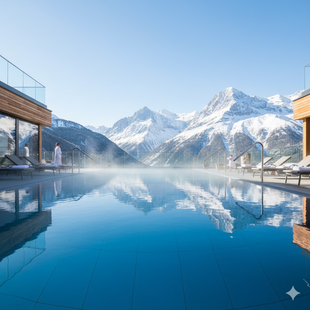 Swiss Alps wellness spa with an infinity pool overlooking snowy mountains and blue sky Swiss Alps wellness spa with an infinity pool overlooking snowy mountains and blue sky