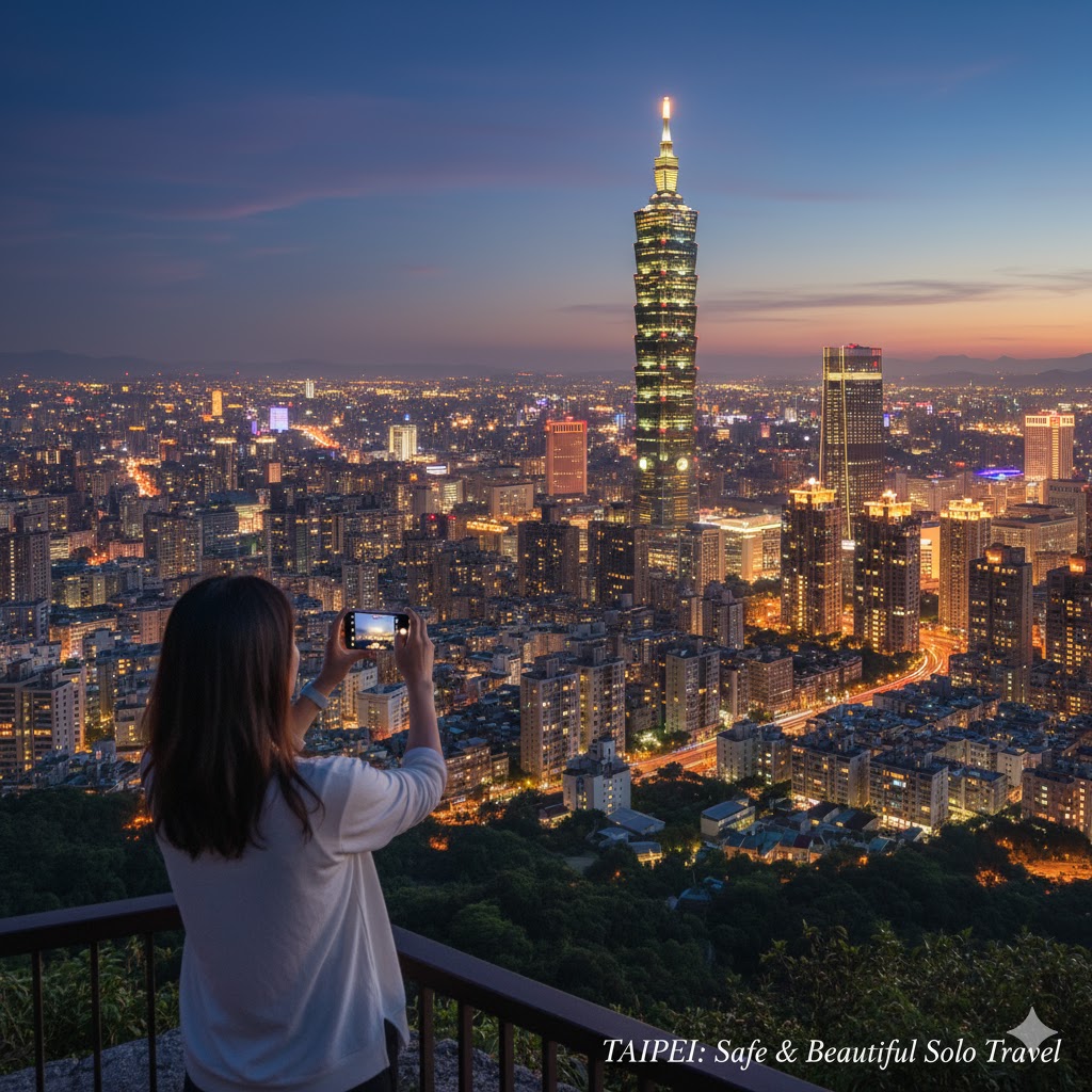 Taipei night skyline with Taipei 101 glowing above the city, showing safety and beauty for women travelers