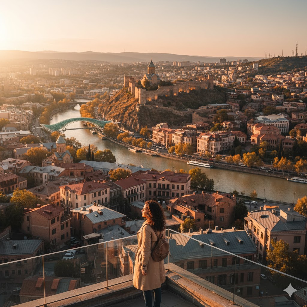 Tbilisi Old Town rooftops and fortress view, showing affordable and culturally rich travel for solo women