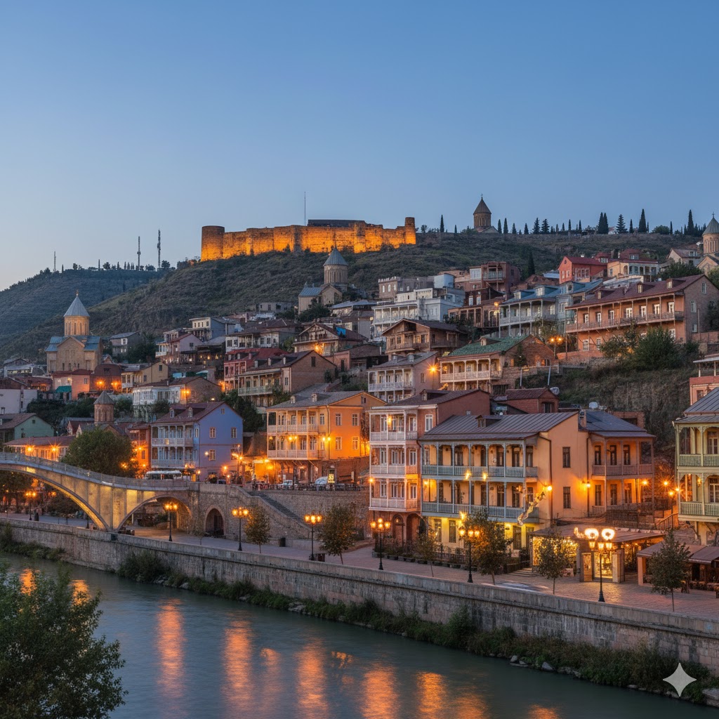 Tbilisi’s old town lanterns and colorful houses rising along the hillside at dusk.