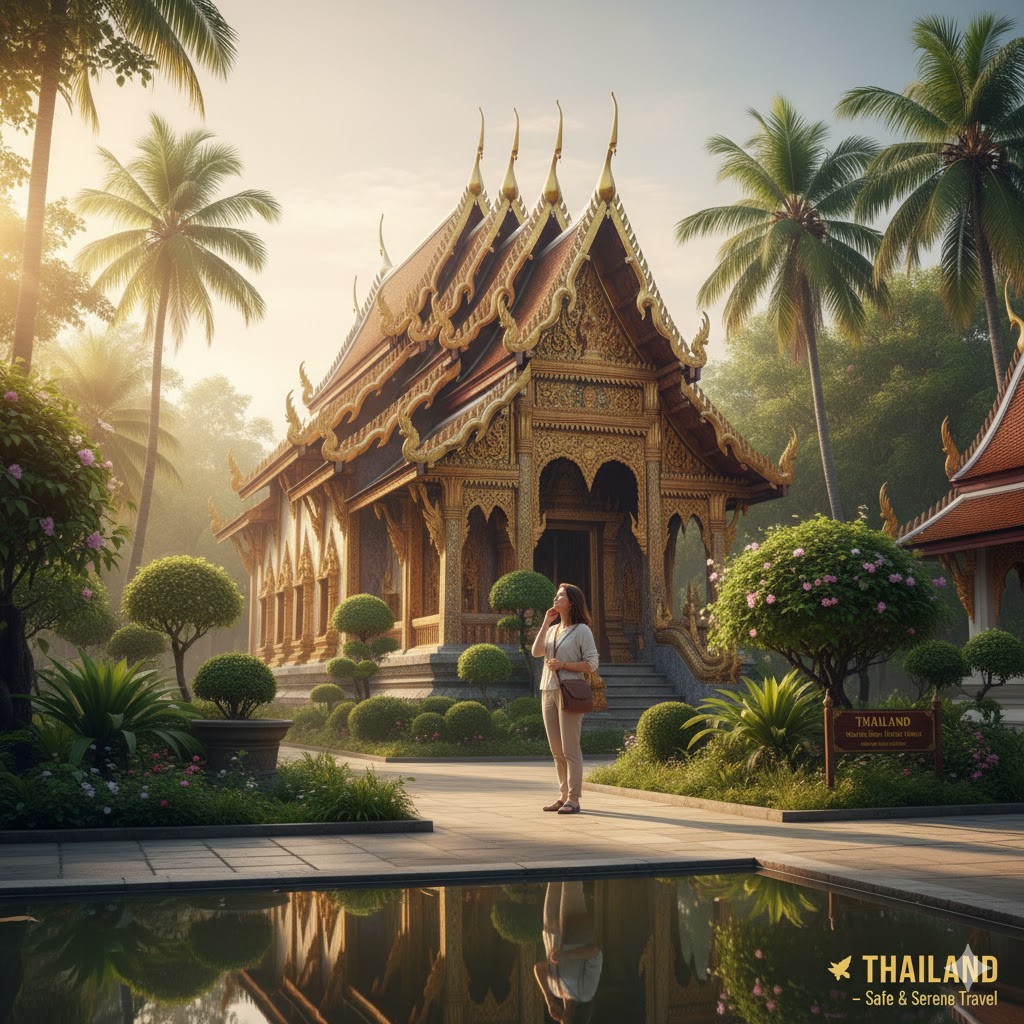 Thai temple architecture with golden details and greenery, symbolizing safe and serene solo travel