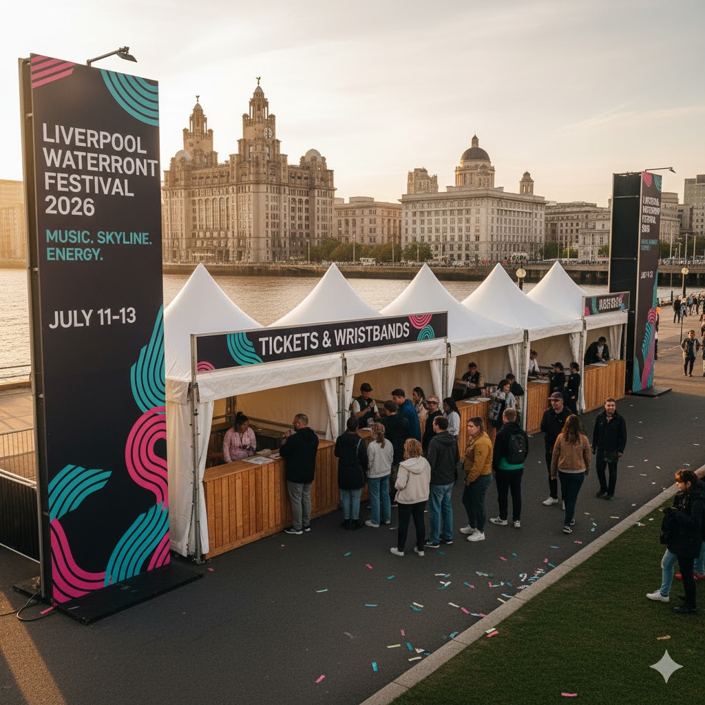 Ticket booths and festival signage at Liverpool Pier Head for Waterfront Festival 2026