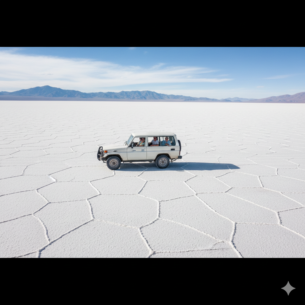 Tour jeep driving across the geometric salt patterns 