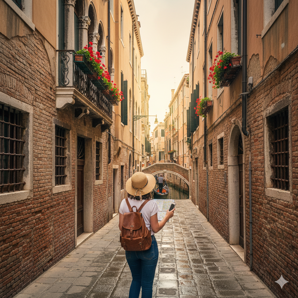 Tourist exploring narrow alley Venice Italy