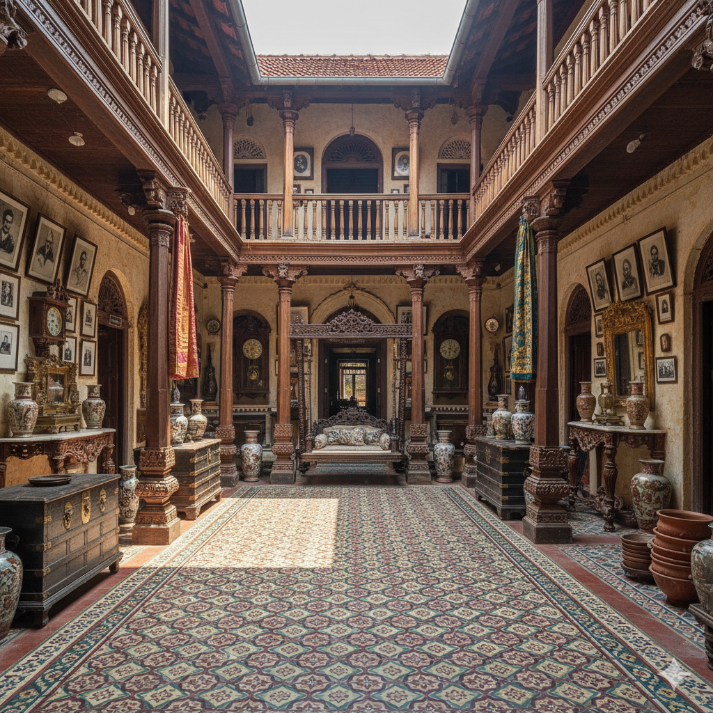 Traditional Chettinad mansion with antique decor