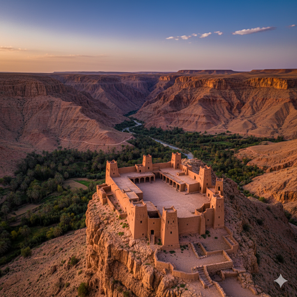 Traditional Moroccan kasbah overlooking Dades Valley canyon