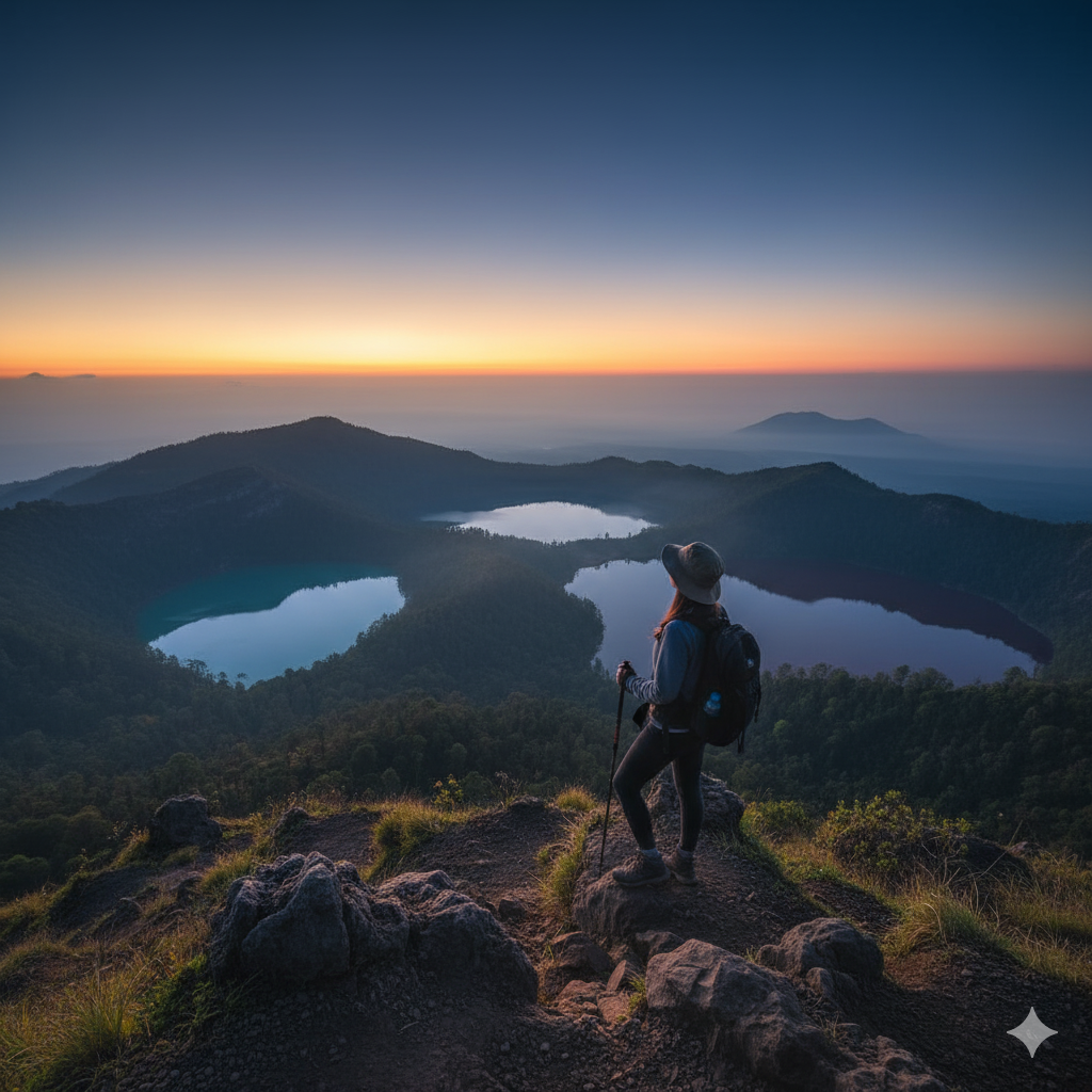 Travel photographer standing at Kelimutu summit watching sunrise over crater lakes