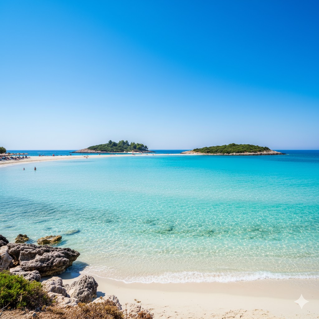 Turquoise waters of Ksamil shimmering under Mediterranean sunlight with soft white sands. 