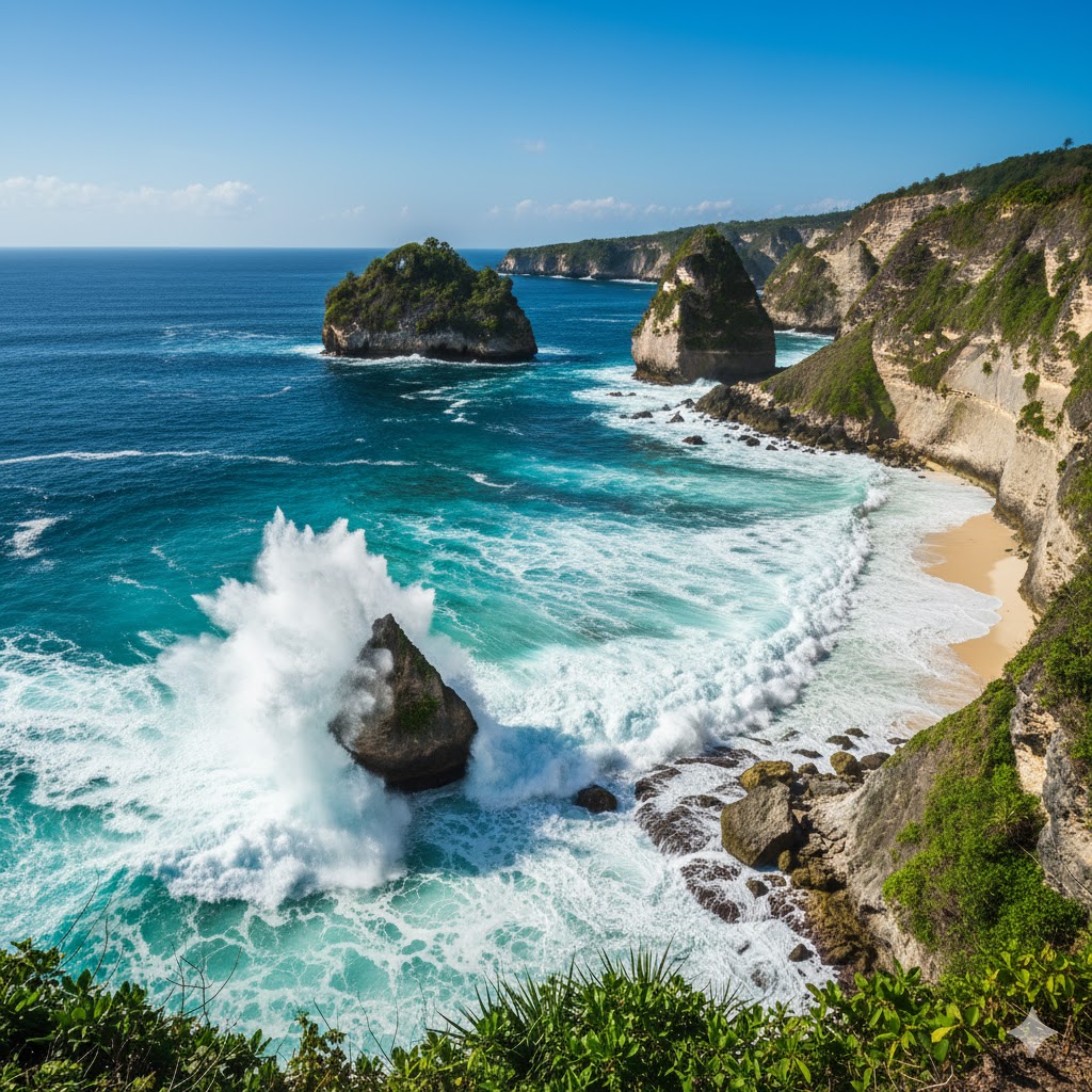 Turquoise waves crashing against the cliffs of Nusa Penida under bright island sunlight. 