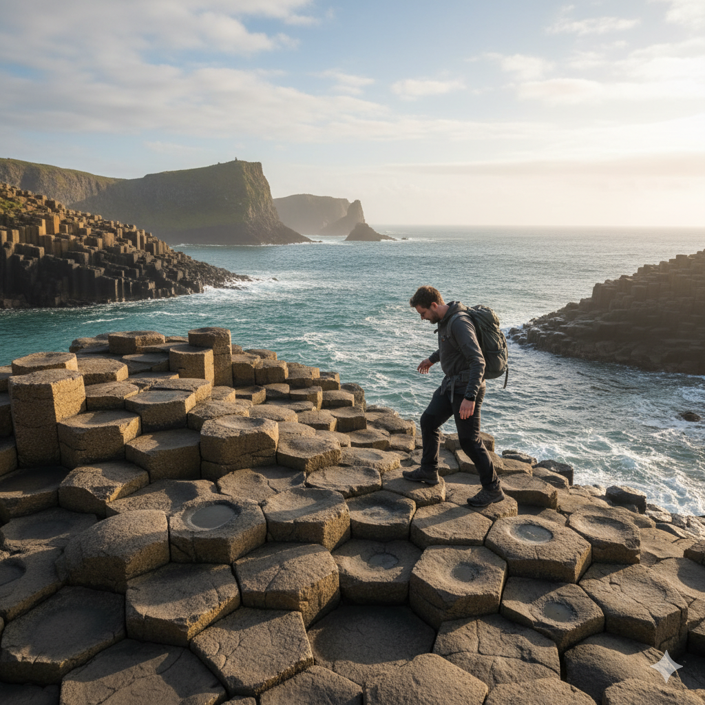 Visitor walking across basalt stones of Giant’s Causeway