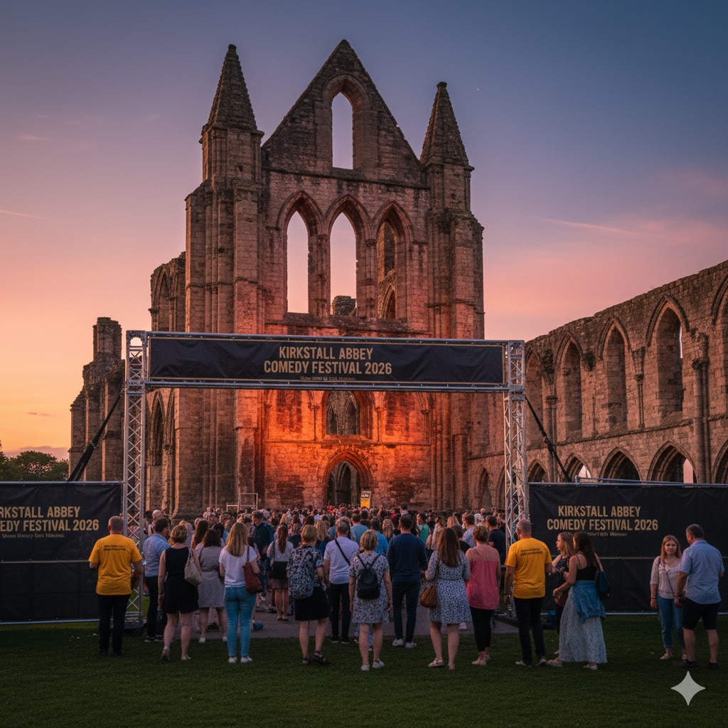 Visitors entering Kirkstall Abbey during sunset before the evening comedy show Visitors entering Kirkstall Abbey during sunset before the evening comedy show