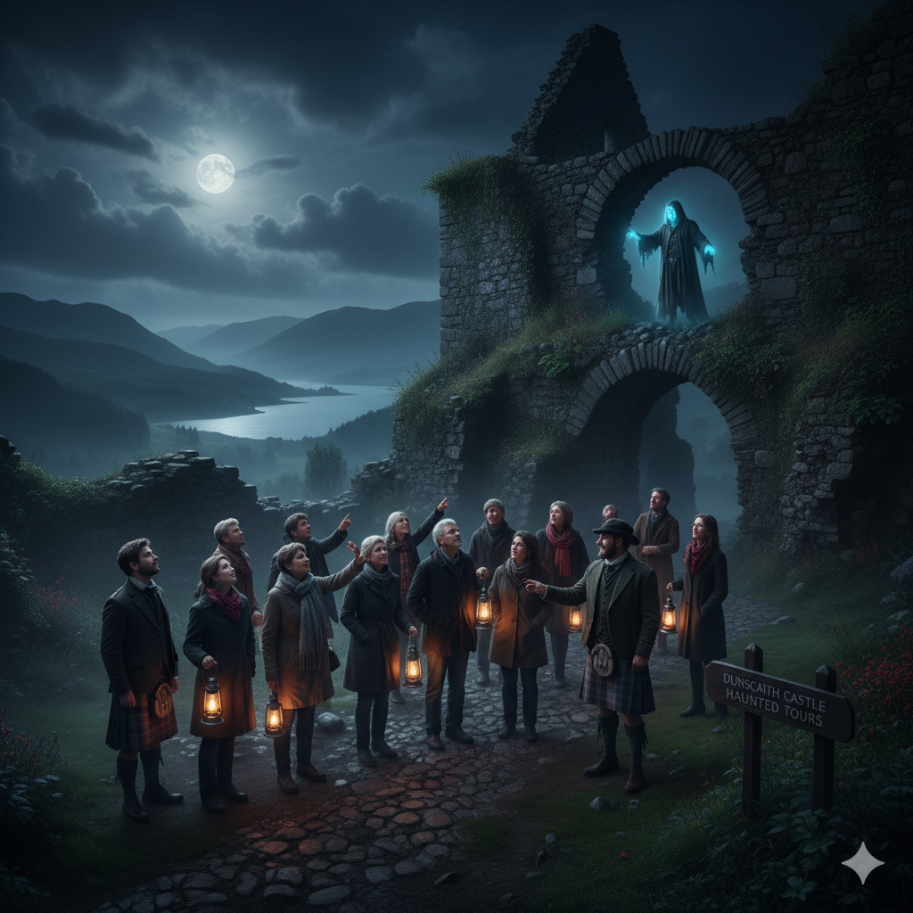 Visitors on a haunted castle tour in Scotland