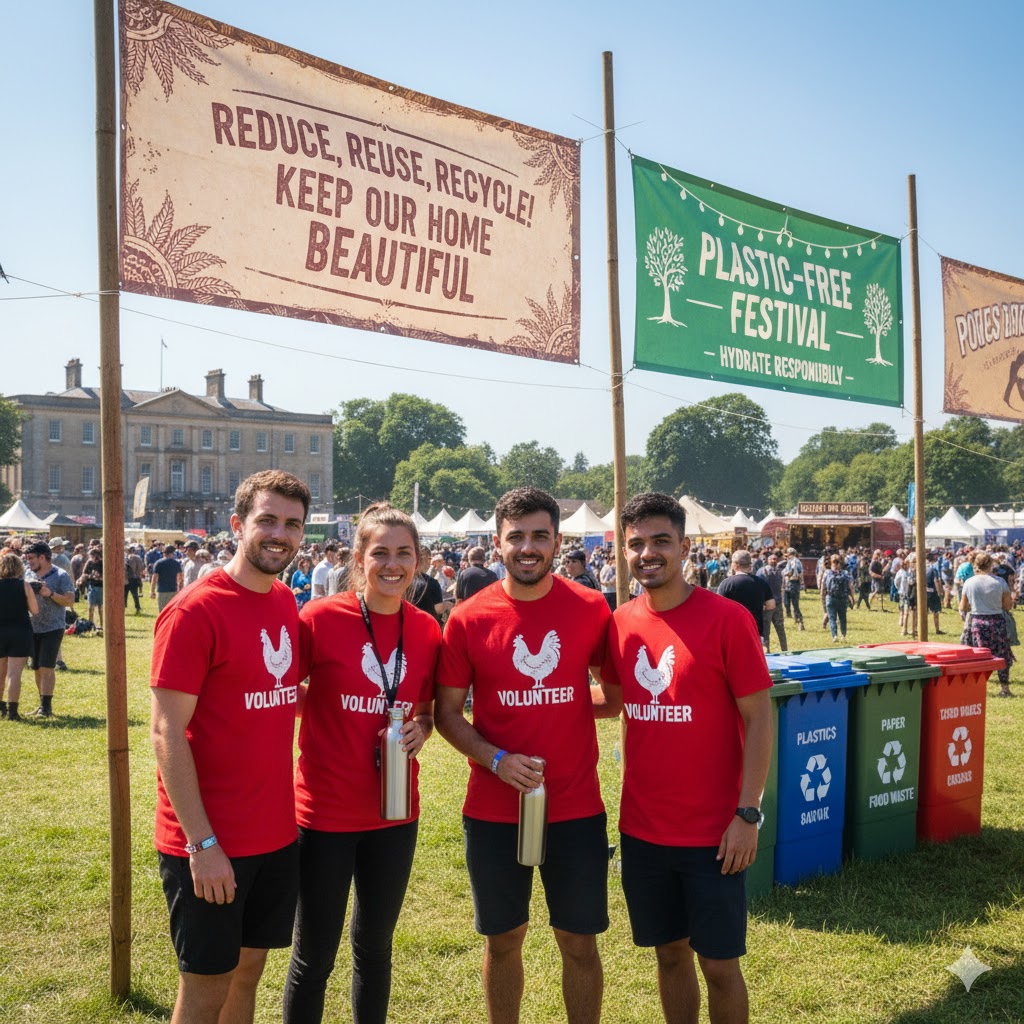 Volunteers and sustainability banners at Red Rooster Festival 2026. 