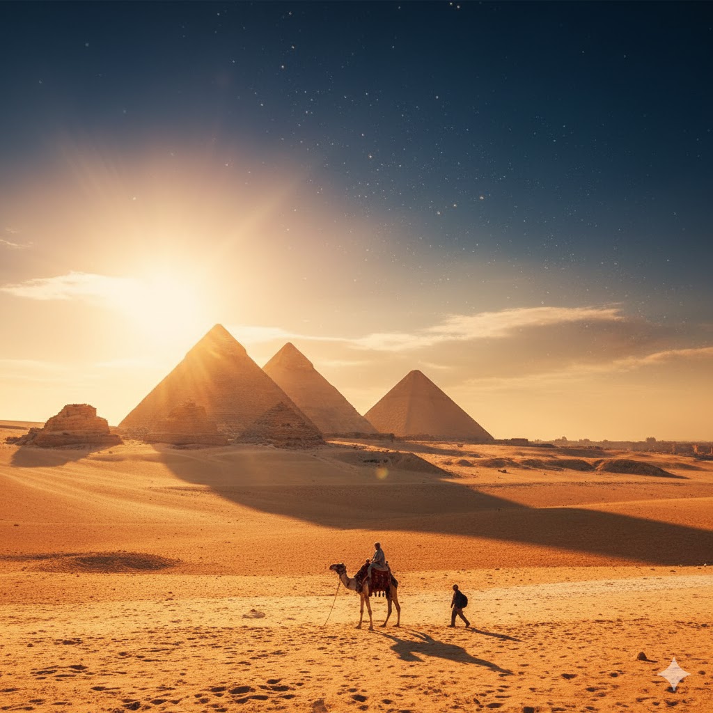 Warm sunlight casting shadows across the Pyramids of Giza during golden hour. 