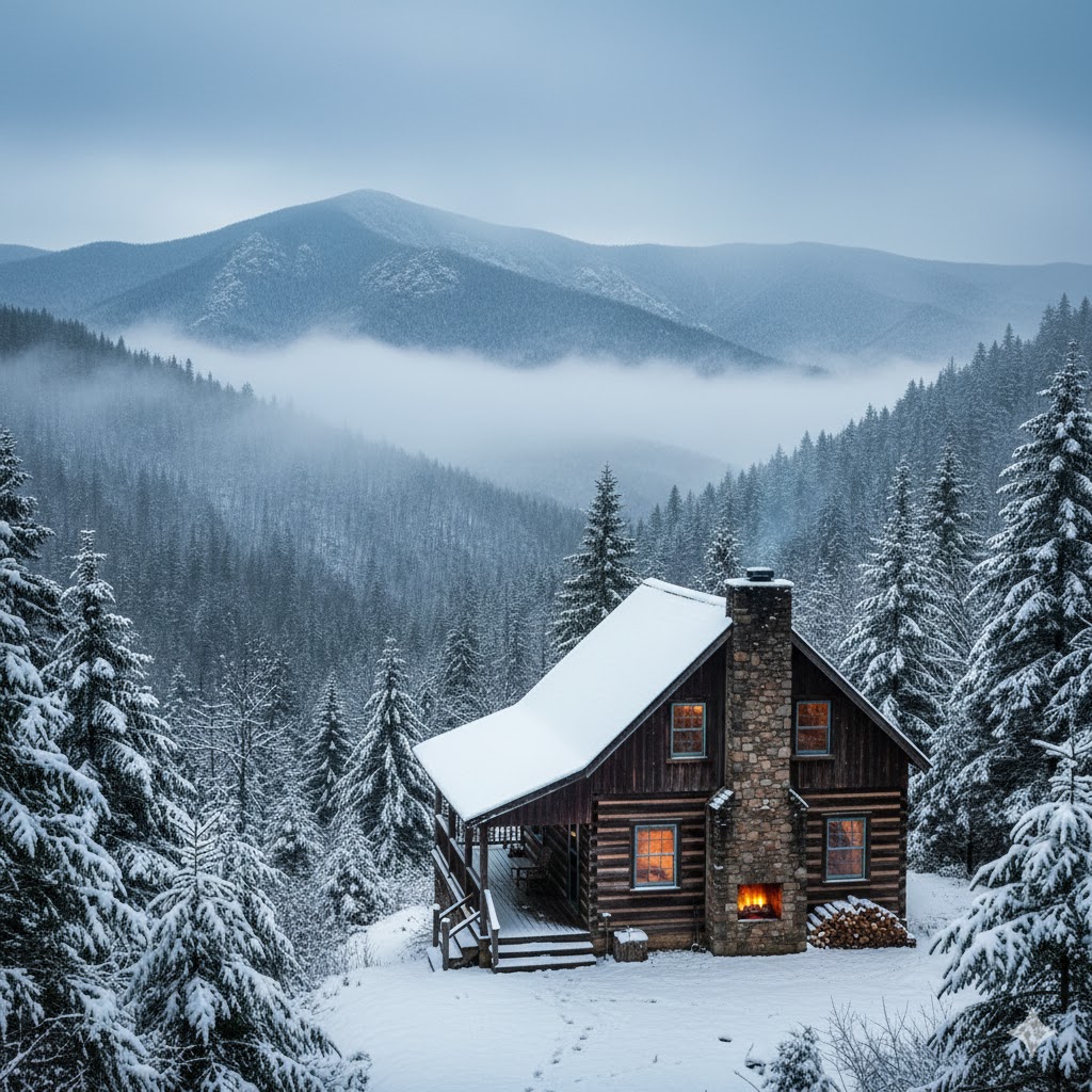 Winter cabin in the Smoky Mountains surrounded by misty mountains Winter cabin in the Smoky Mountains surrounded by misty mountains