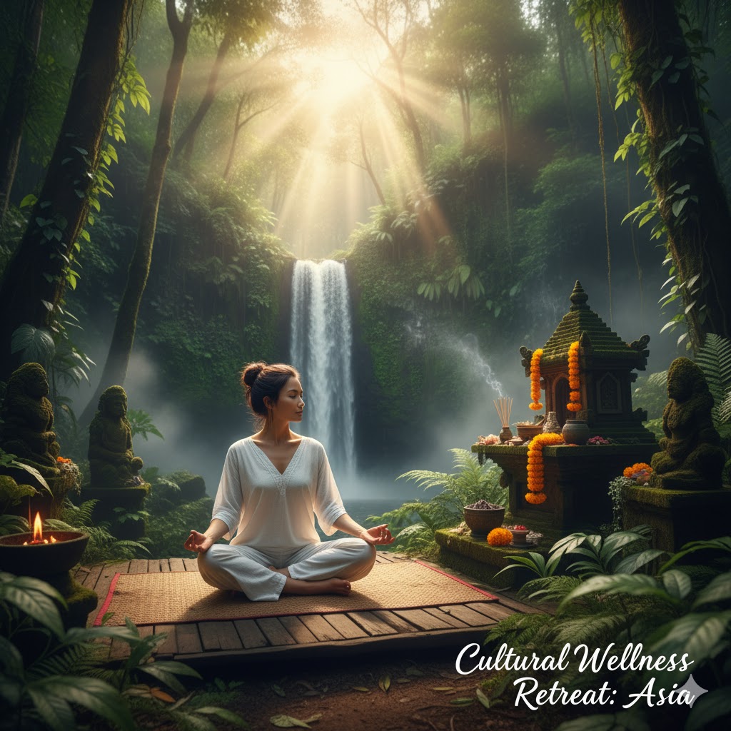 Women traveler practicing yoga in a serene forest retreat, highlighting wellness and cultural immersion experiences Women traveler practicing yoga in a serene forest retreat, highlighting wellness and cultural immersion experiences