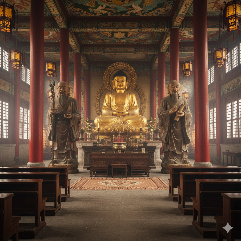 Interior view of Hanging Monastery showing blended Buddhist, Taoist, and Confucian shrines