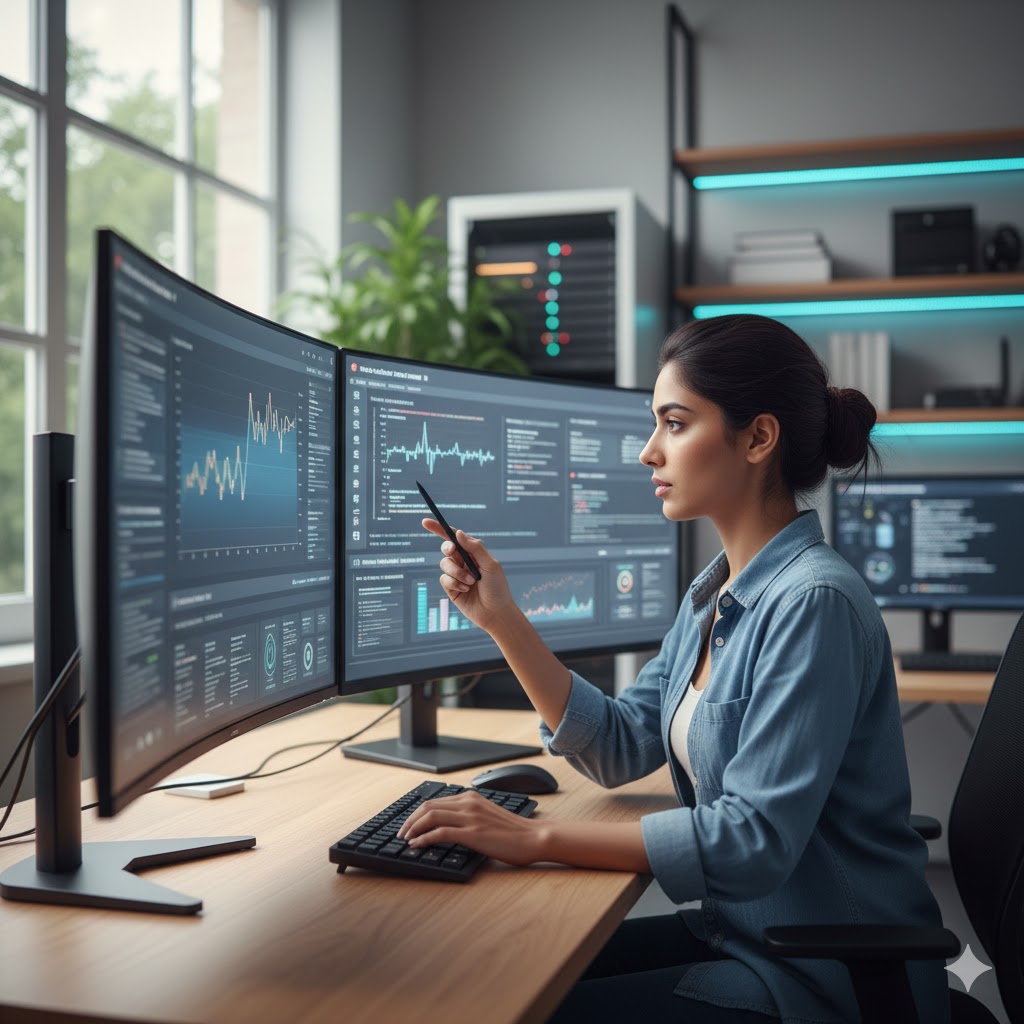 Young Pakistani data scientist analyzing cloud data dashboard in modern workspace.