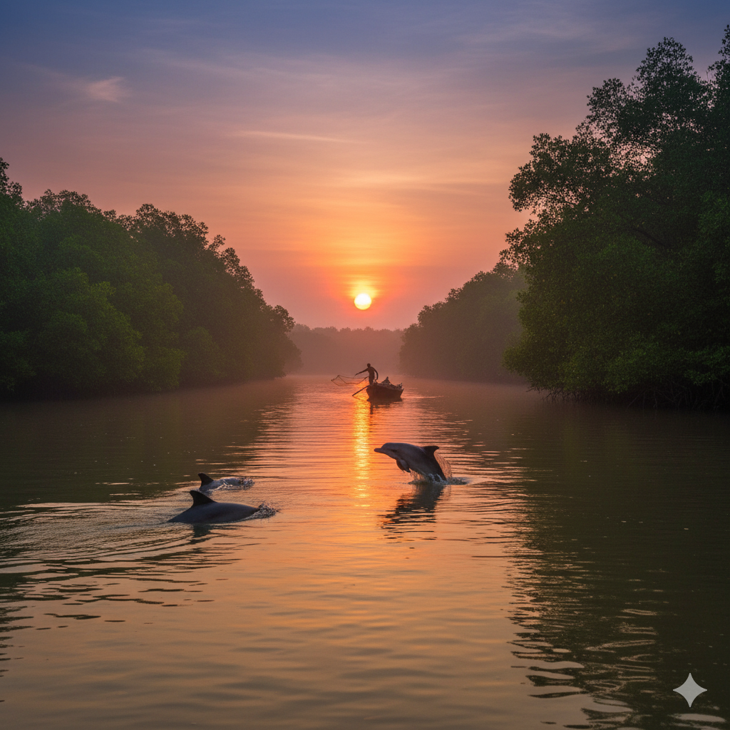 Golden sunset over Sundarbans mangroves