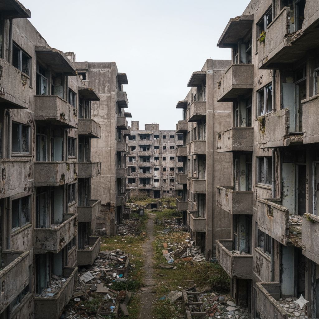 “Abandoned concrete apartment ruins on Ghost Island Hashima
