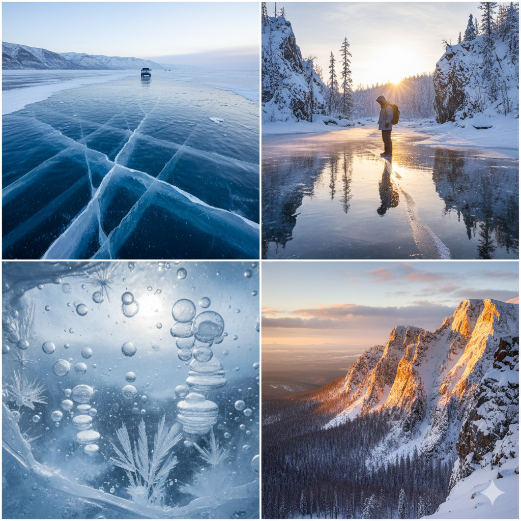 crystal-clear ice roads, frozen river reflections, close-ups of ice textures, and snow-covered cliffs at sunset
