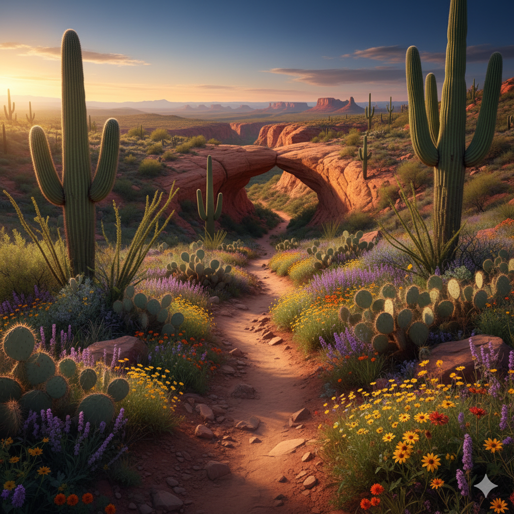 desert cactus wildflower trail to hidden canyon arizona