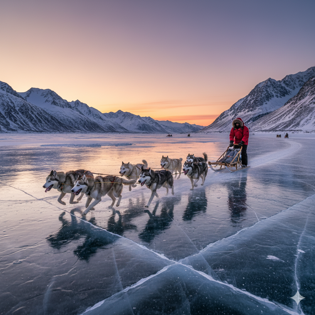 Huskies pulling a sled through snowy Arctic terrain