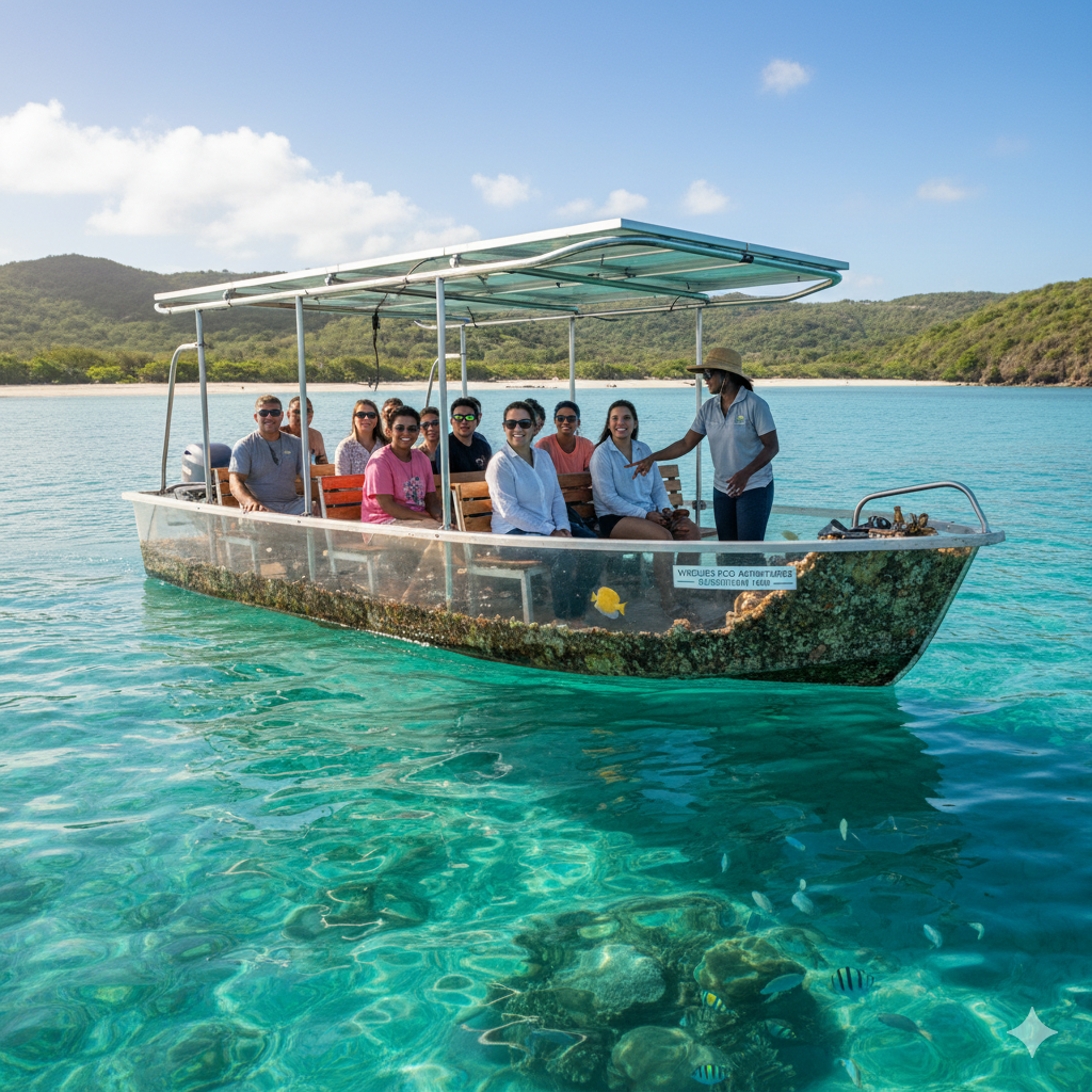 Tourists sailing over glowing water in glass-bottom night boat