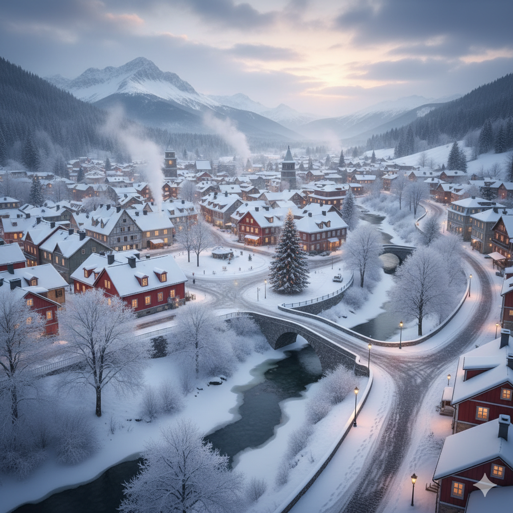 Longyearbyen townscape blanketed in snow during Polar Night