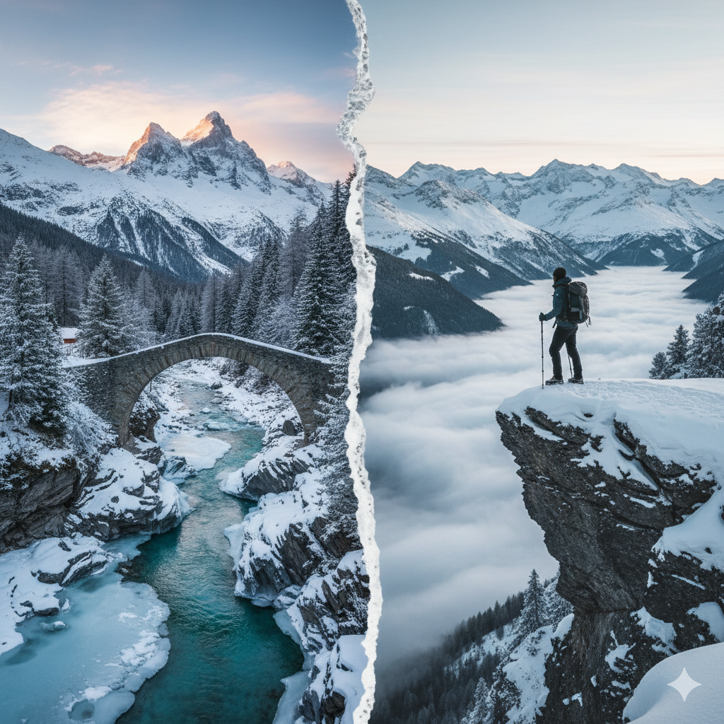 Narrow metal bridge to nowhere suspended over Swiss Alpine gorge