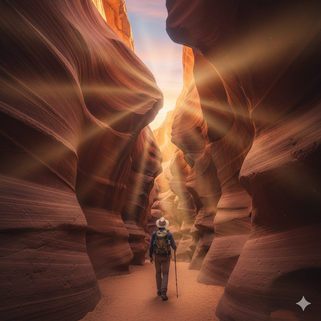 traveler in narrow passage hidden canyon arizona sunrise