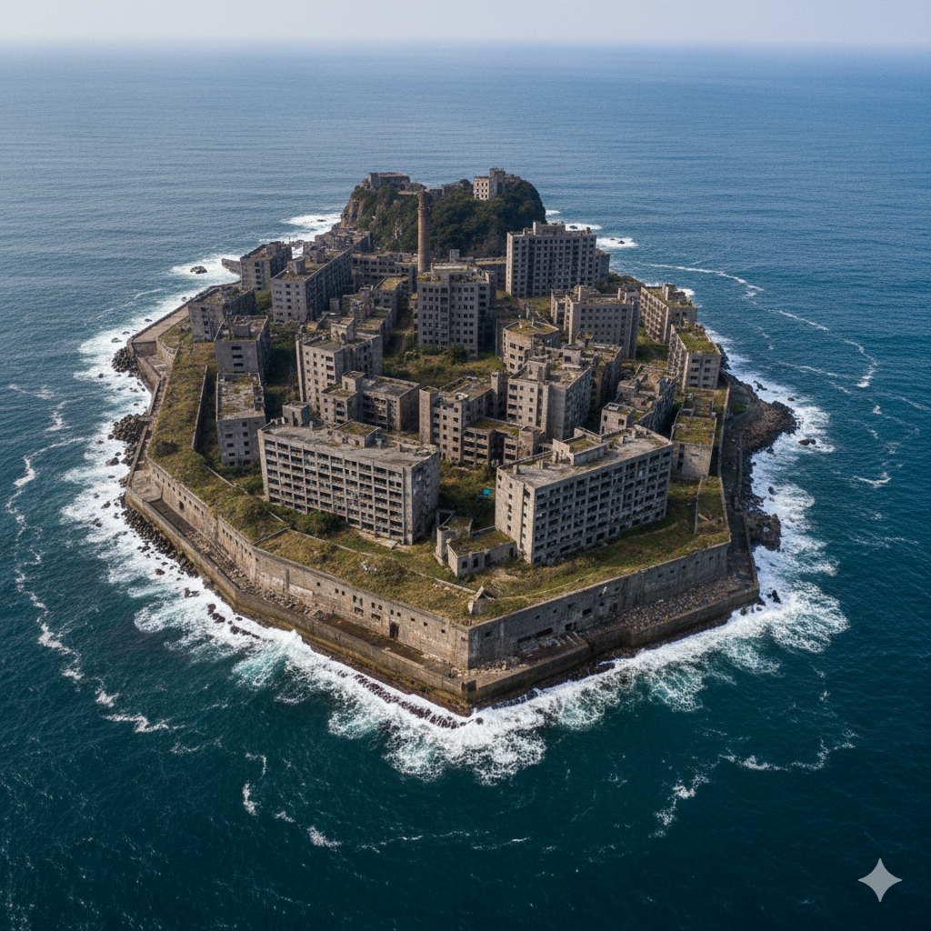 Aerial drone view of Hashima Island Japan surrounded by ocean”